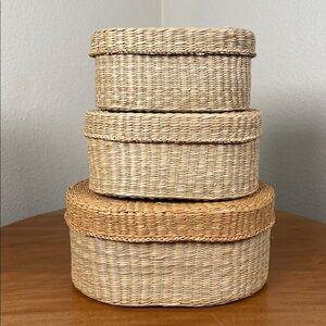 Set of 3 Vintage Grass Nesting Baskets with Lids
